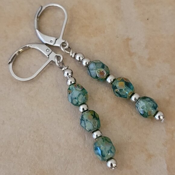 Picasso GREEN 6mm Czech Crystal Earrings Stainless Steel Leverback Artisan - Picture 4 of 5